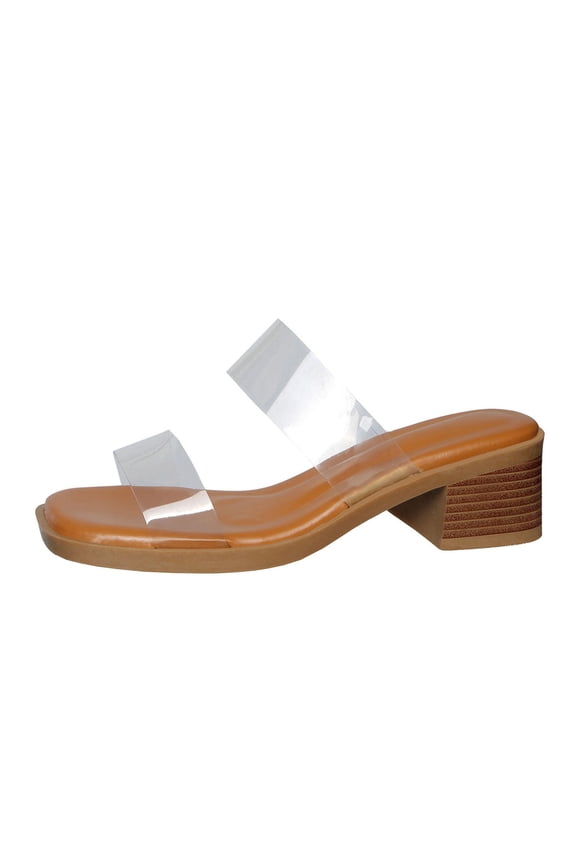 Heeled Sandals for Women Two Strap Raffia Sandals Square Open Toe Slip On Mules Block Chunky Heels Brown Sandals 42