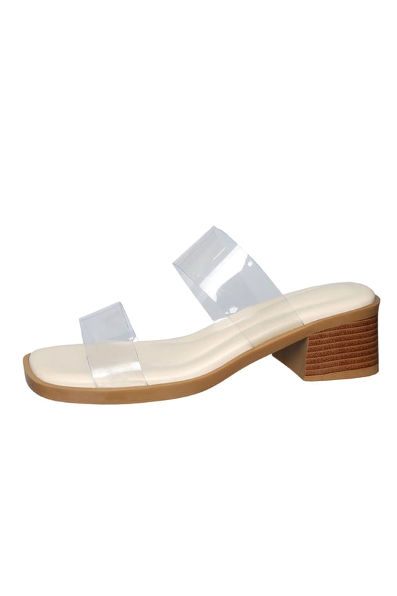 Heeled Sandals for Women Two Strap Raffia Sandals Square Open Toe Slip On Mules Block Chunky Heels White Sandals 36