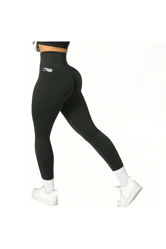 High Waisted Butt Lifting Tummy Control Side Pocket Shaping Training Leggings Scrunch Yoga Pants with Pockets for Women Black S