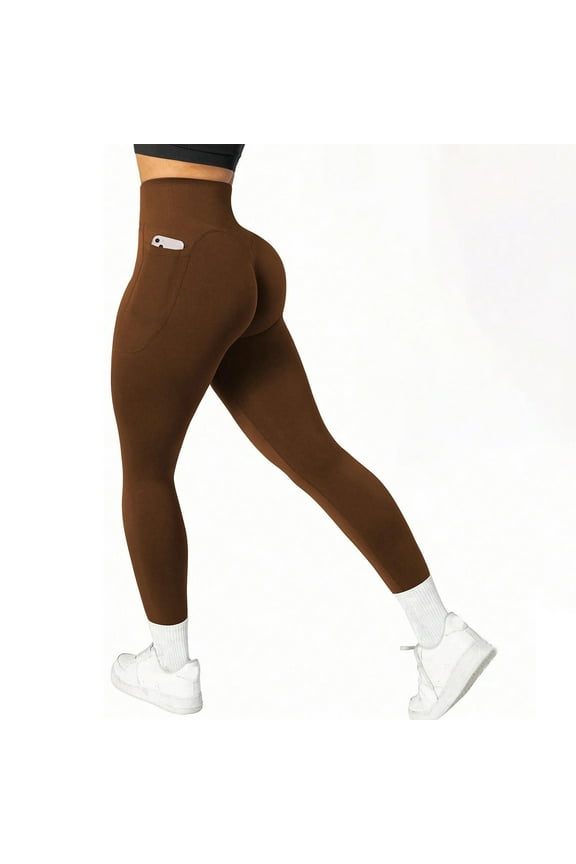 High Waisted Butt Lifting Tummy Control Side Pocket Shaping Training Leggings Scrunch Yoga Pants with Pockets for Women Coffee M