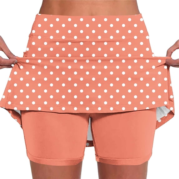 Kvture High Waisted Tummy Control Skorts for Women Athletic Tennis Golf Skirts Plaid Polka Dot Built-in Shorts 2 in 1 Outfit Watermelon Red M