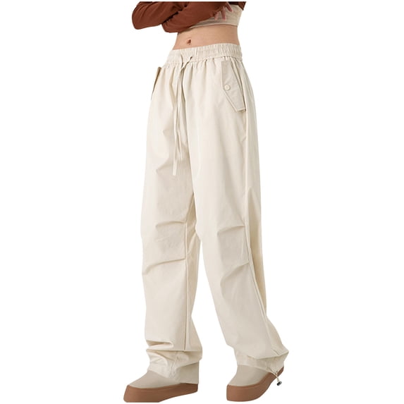 Kvture Hiking Pants Women Lightweight Parachute Pants with Drawstring Outdoor Pleated Leg Joggers Trousers Khaki M