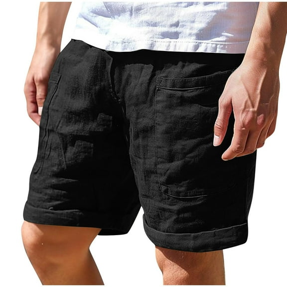 Kvture Linen Beach Shorts for Men Elastic Waisted Drawstring Lounge Shorts Summer Lightweight Breathable Athletic Shorts with Pockets Black L