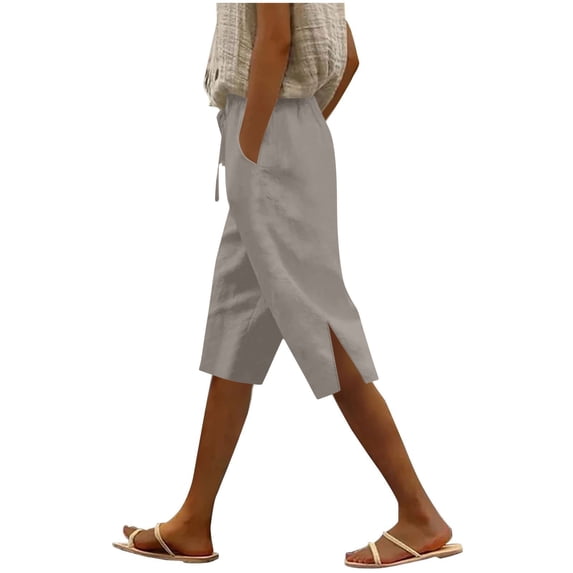 Kvture Linen Bermuda Shorts for Women Plus Size Summer Casual with Pockets Drawstring Elastic Waist Side Slit Pants Gray S
