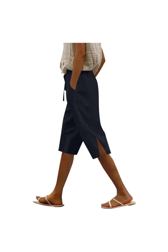 Linen Bermuda Shorts for Women Plus Size Summer Casual with Pockets Drawstring Elastic Waist Side Slit Pants Navy XXL