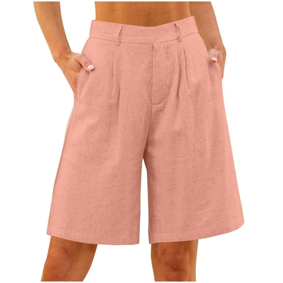 Kvture Linen Bermuda Women Shorts for Seniors Knee Length Wide Leg High Waisted Short Trousers Summer Casual Pink XXL