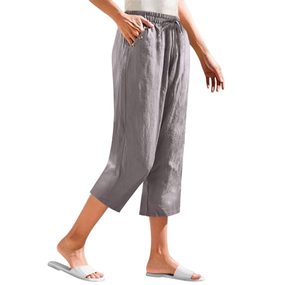 Kvture Linen Capris for Women Drawstring High Waisted Wide Leg Women's Linen Capri Pants with Pockets Gray S
