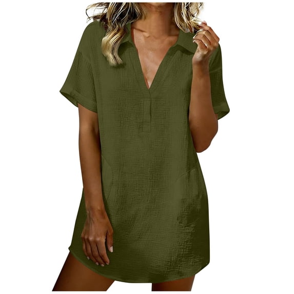 Kvture Linen Dress for Women V Neck Short Sleeve Lapel Shirt Dress Cotton Mini Dresses Casual Solid Beach Vacation Outfits Army Green