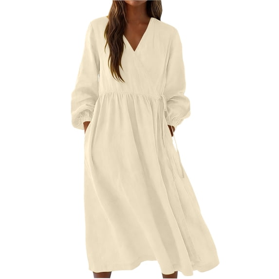 Kvture Linen Maxi Dress for Women Flowy Cotton Long Boho Dresses Casual Long Sleeve Beach Pleated V Neck Dress with PocketsBeige