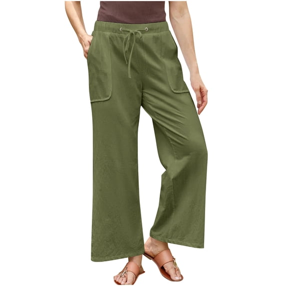 Kvture Linen Pants Women Summer Wide Leg High Waisted Casual Pant Drawstring Elastic Waist Palazzo Beach Trousers with Pockets Army Green XXXL
