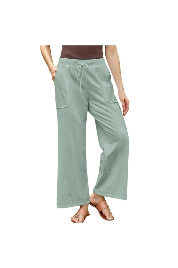 Linen Pants Women Summer Wide Leg High Waisted Casual Pant Drawstring Elastic Waist Palazzo Beach Trousers with Pockets Mint Green XXXXXL