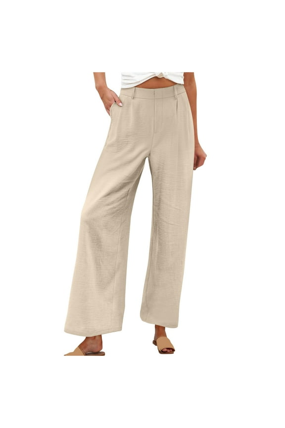 Linen Pants for Women Casual Business High Waisted Wide Leg Pants Lightweight Baggy Palazzo Pants with Pockets Beige S