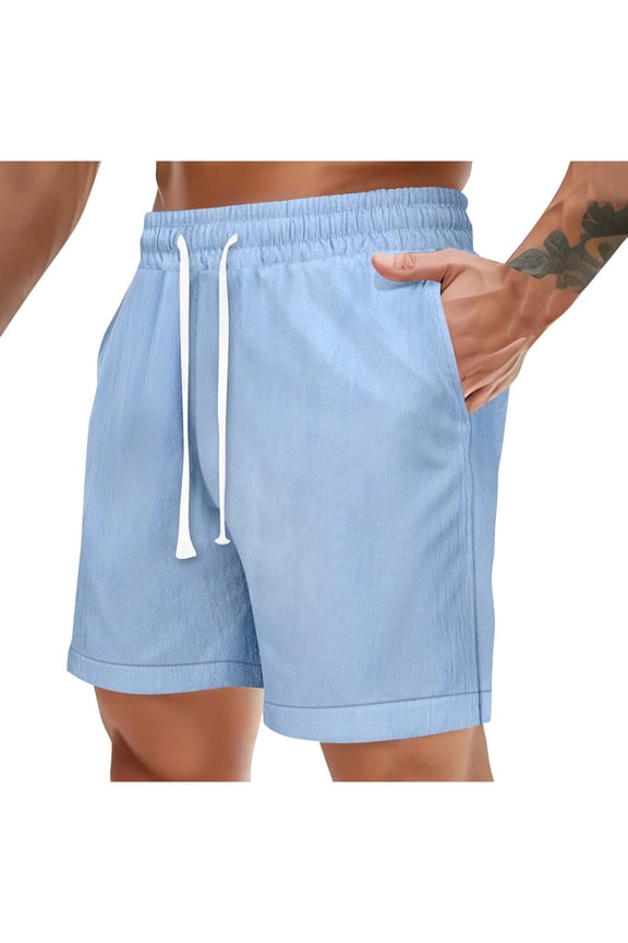 Linen Shorts for Mens Breathable Lightweight Elastic Waist Regular Shorts Straight Wide Leg Pants for Vacation Beach Sky Blue M