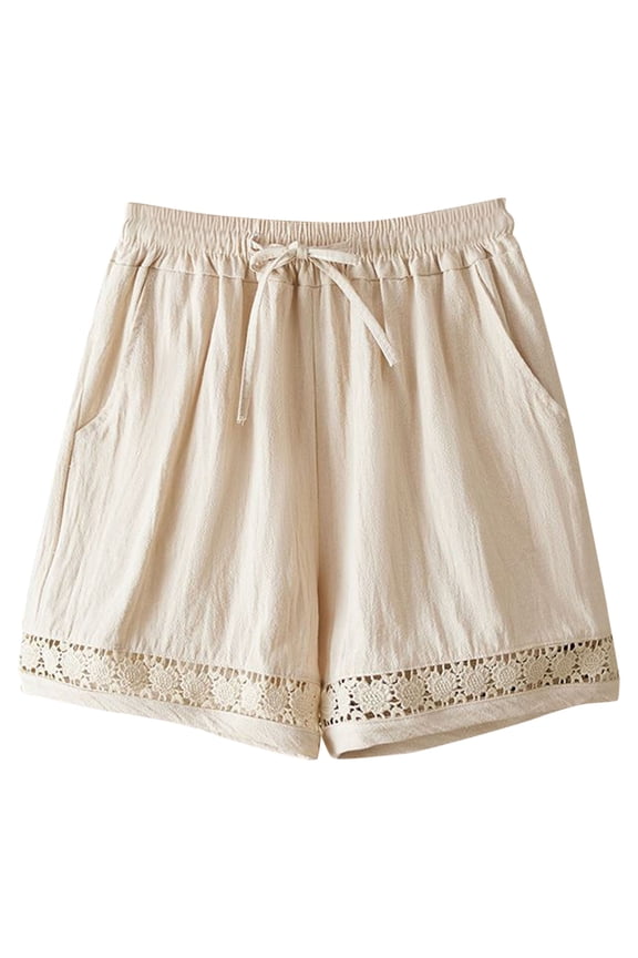 Linen Shorts for Women Wide Leg High Waisted Drawstring Short Casual Loose Fit Summer Beach Vacation Clothes Beige XXXL