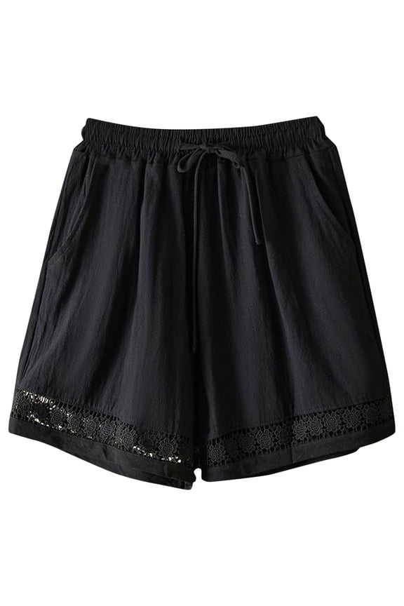 Linen Shorts for Women Wide Leg High Waisted Drawstring Short Casual Loose Fit Summer Beach Vacation Clothes Black L