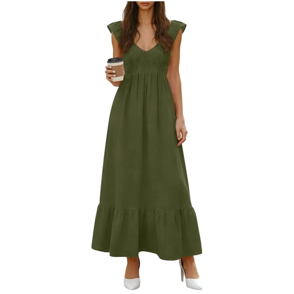 Kvture Maxi Dresses for Women Loose V Neck Ruffle Cap Sleeve Casual Beach Vacation Dress Pleated A Line Solid Sundresses Army Green S