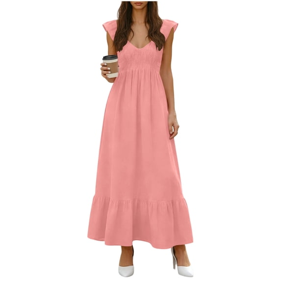 Kvture Maxi Dresses for Women Loose V Neck Ruffle Cap Sleeve Casual Beach Vacation Dress Pleated A Line Solid Sundresses Pink S