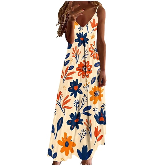 Kvture Maxi Long Dress for Women Flowy Spaghetti Strap Long Dresses Summer Trendy V Neck Sundress Beach Vacation Dress D Multicolor