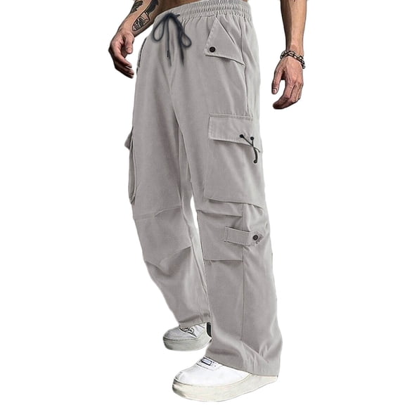 Kvture Men Loose Straight Cargo Pants Casual Solid Color Mid Rise Drawstring Hiking Jogging Trousers with Multiple Pockets Gray XXL
