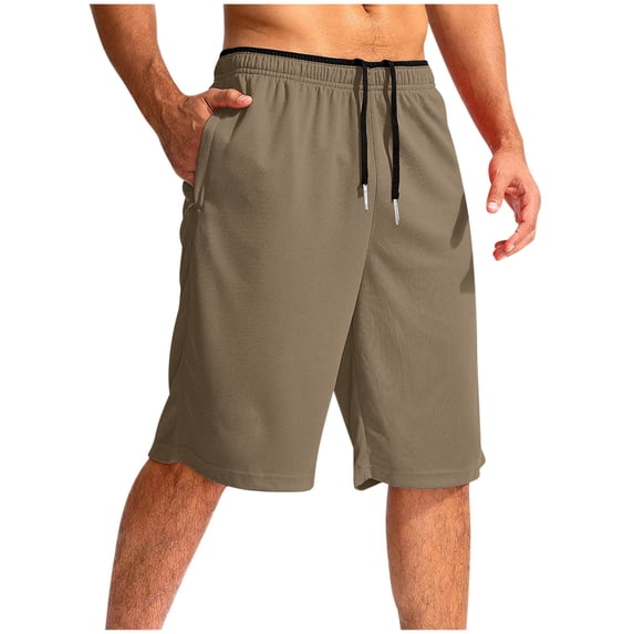 Kvture Men's Athletic Shorts with Pockets Long Basketball Short Lightweight Quick Dry Gym Workout Shorts for Training Khaki XL