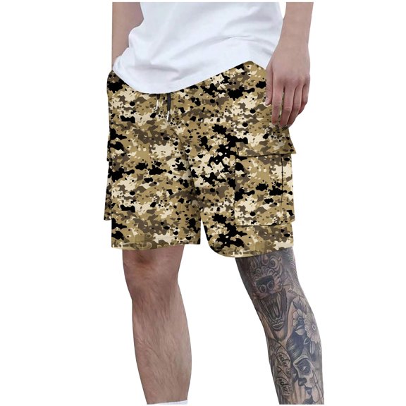 Kvture Men's Camo Cargo Pants Twill Drawstring Shorts Summer Stretchy Loose Beach Shorts with Multi-Pockets Fashion Outdoor Streetwear Shorts Khaki S
