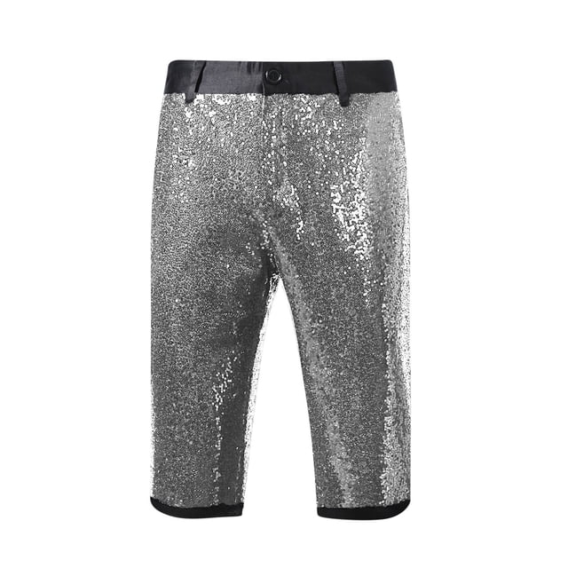 Kvture Men's Capri Pants Straight Slim Sequin Sparkle Pants Summer Party Club Trendy Shiny Shorts with Pockets Gray L