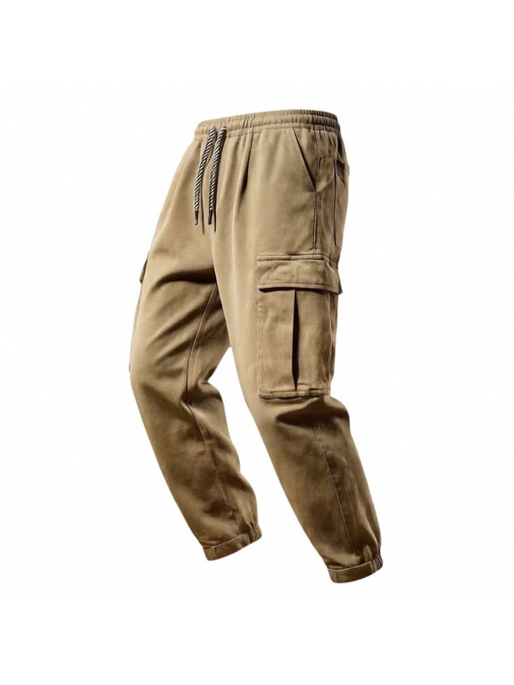 Men's Cargo Pants Causal Workout Joggers Stretch Sweatpants Hiking Drawstring Winter Joggers with Multi Pockets Khaki Pant