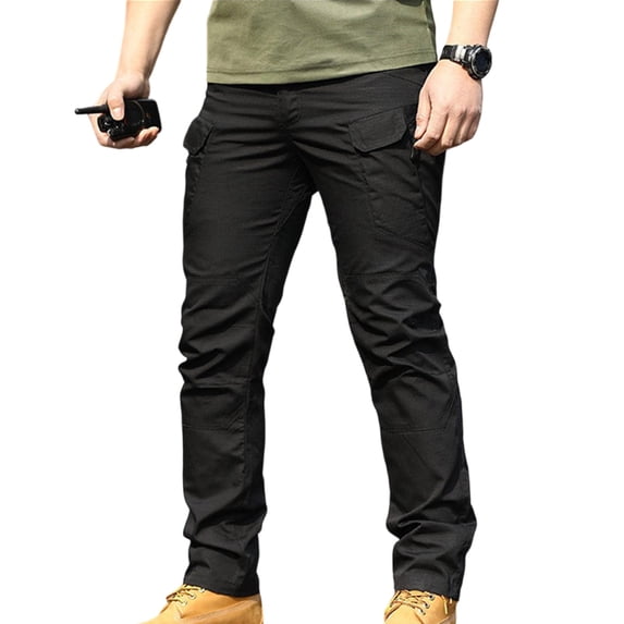 Kvture Men's Cargo Pants, Water Resistant Ripstop Work Pants, Multi Zipper Pockets Combat Trousers Black Pant