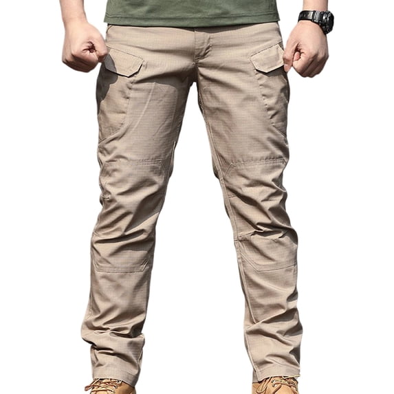 Kvture Men's Cargo Pants, Water Resistant Ripstop Work Pants, Multi Zipper Pockets Combat Trousers Khaki Pant