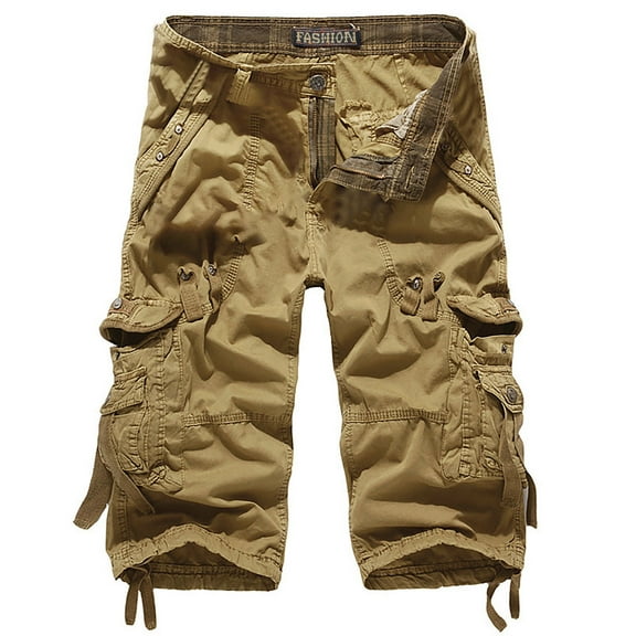 Kvture Men's Cargo Shorts Big And Tall Pleated Knee Length Shorts Button Zipper Multi Pockets Work Shorts Solid Color Outdoor Streetwear Shorts Khaki XXXL