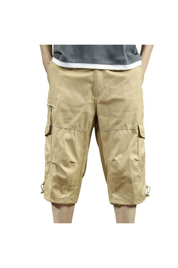 Men's Cotton Capri Pant Big And Tall Solid Color Multi Pockets Capris Pants Summer Loose Fit Straight Leg Pants Khaki XL