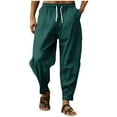 thumbnail image 1 of Kvture Men's Cotton Linen Pants Solid Textured Harem Pants Casual Lightweight Breathable Loose Beach Trousers Summer Spring Army Green S, 1 of 3