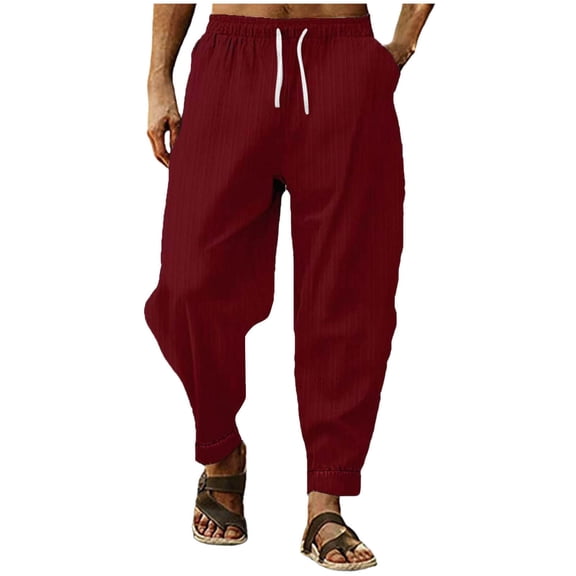 Kvture Men's Cotton Linen Pants Solid Textured Harem Pants Casual Lightweight Breathable Loose Beach Trousers Summer Spring Wine XXL