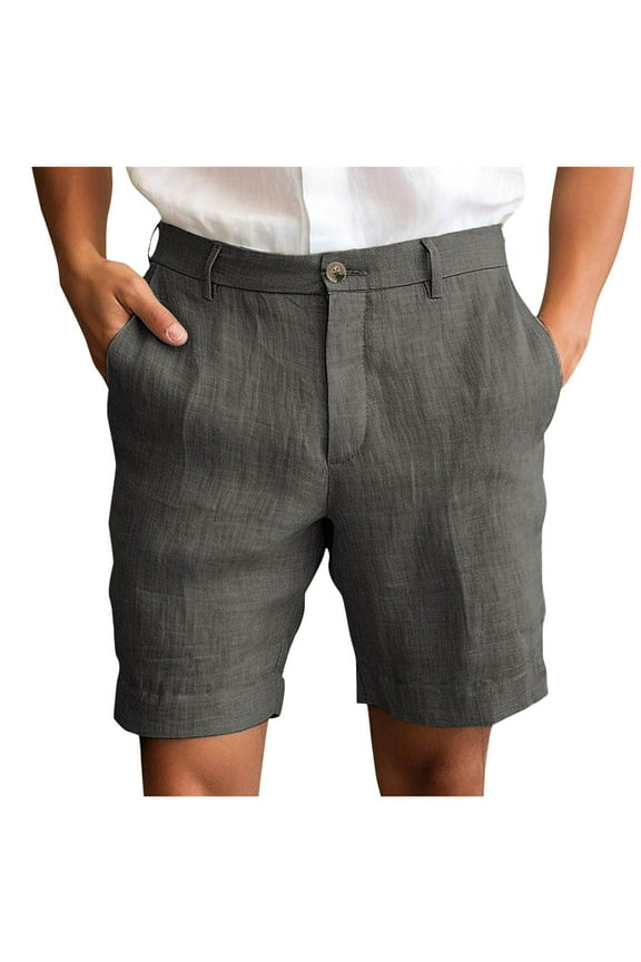 Men's Cotton Linen Shorts Solid Color Casual Pocket Half Shorts Button Zipper Dress Pants with Pockets Straight Leg Suit Shorts Gray XXXL