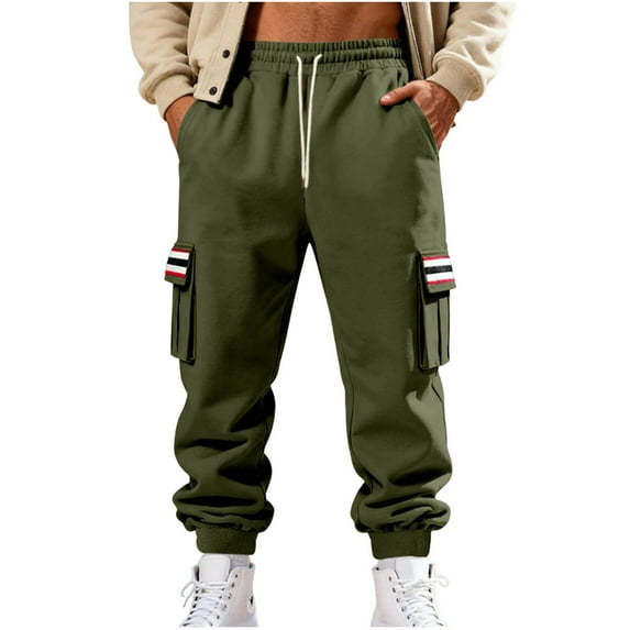 Kvture Men's Fleece Sweatpants Casual Loose Fit Cargo Pants Elastic Waist Lounge Pants Tapered Joggers with Pockets Army Green L