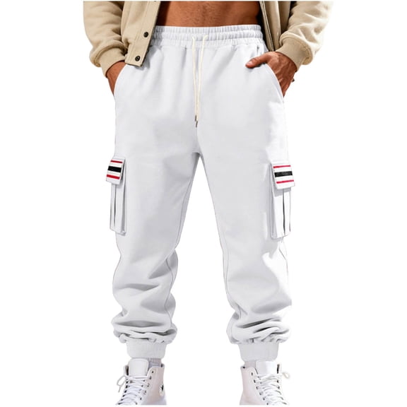 Kvture Men's Fleece Sweatpants Casual Loose Fit Cargo Pants Elastic Waist Lounge Pants Tapered Joggers with Pockets White XL