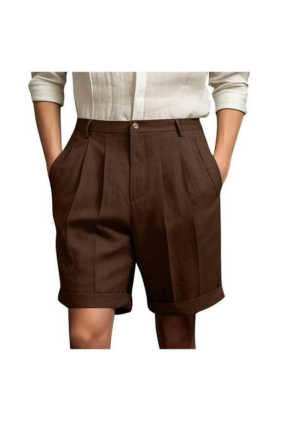 Men's Golf Dress Shorts Pleated Lightweight Suit Shorts Casual Loose Fit Button Zipper Beach Shorts with Pockets Brown XXXL