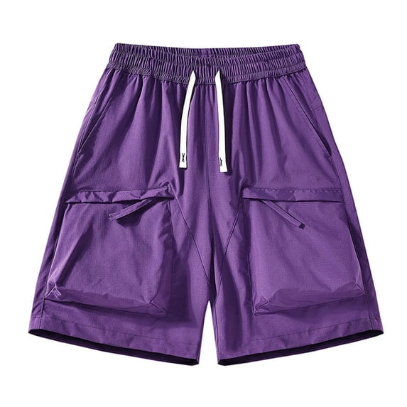 Kvture Men's Ice Silk Capri Pants Elastic Waist Drawstring Baggy Pants Trendy Casual Shorts with Zipper Mulit Pockets Purple XXL