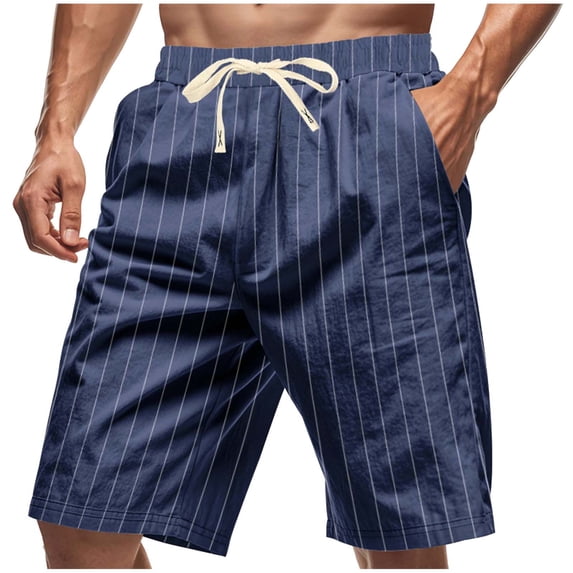 Kvture Men's Linen Shorts Casual Elastic Waist Drawstring Summer Beach Shorts with Pockets Navy L