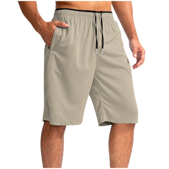 Kvture Men's Long Basketball Shorts with Pocket Quick Dry Gym Short Lightweight Below Knee Mesh Athletic Shorts Khaki L