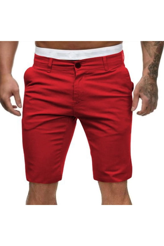 Mens Button Zipper Cargo Shorts Solid Color Slim Fit Work Shorts Casual Lightweight Knee Length Shorts with Pockets Red XL