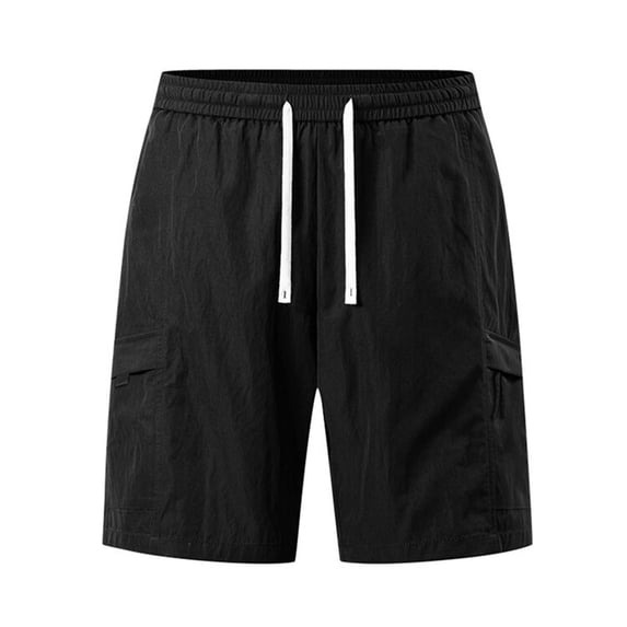 Kvture Mens Cargo Shorts Elastic Waisted Drawstring Straight Leg Shorts Solid Color Loose Fit Lounge Shorts with Pockets Outdoor Work Shorts Black M