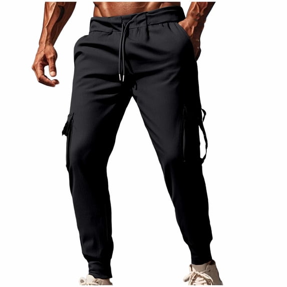 Kvture Mens Casual Cargo Joggers Drawstring Elastic Waist Tapered Work Cargo Pants Outdoor Hiking Pants with Pockets Black M