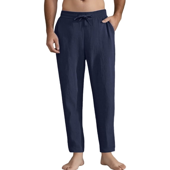 Kvture Mens Casual Linen Pants Elastic Waist Drawstring Summer Beach Pants Lightweight Loose Fit Yoga Trousers Navy XXXL