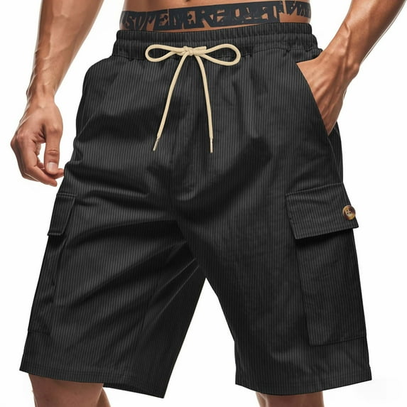 Kvture Mens Corduroy Stripe Shorts Stretchy Drawstring Athletic Shorts Solid Color Multi-Pockets Loose Shorts Summer Outdoor Beach Shorts Black M