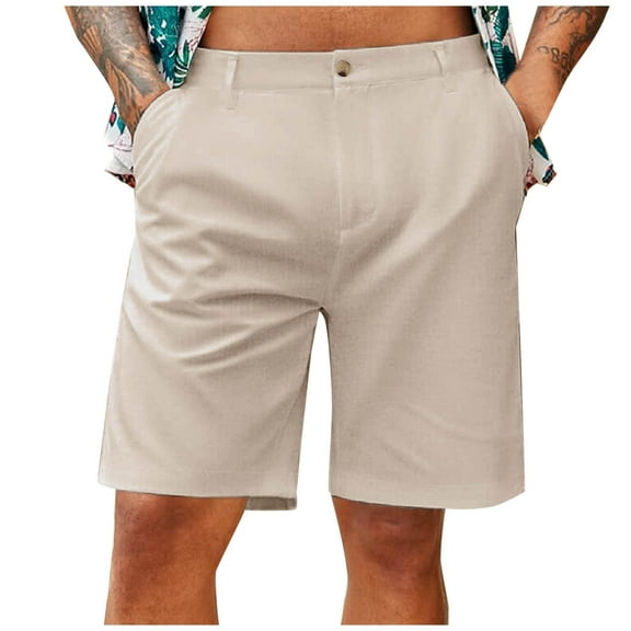Kvture Mens Linen Dress Shorts Button Zipper Straight Leg Shorts Solid Color Slim Fit Suit Shorts Summer Outdoor Golf Shorts with Pockets Khaki XXL