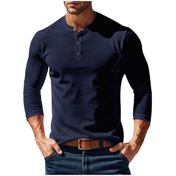 Kvture Mens Long Sleeve Henley Shirts Muscle Fit Waffle T-Shirt Lightweight Thermal Undershirts Workout Athletic Tee Shirt Navy Pullover XXL