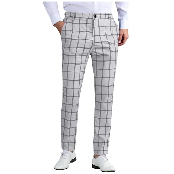 Kvture Mens Plaid Dress Pant Slim Fit Chinos Checkered Skinny Chino Pants Business Casual Gray L