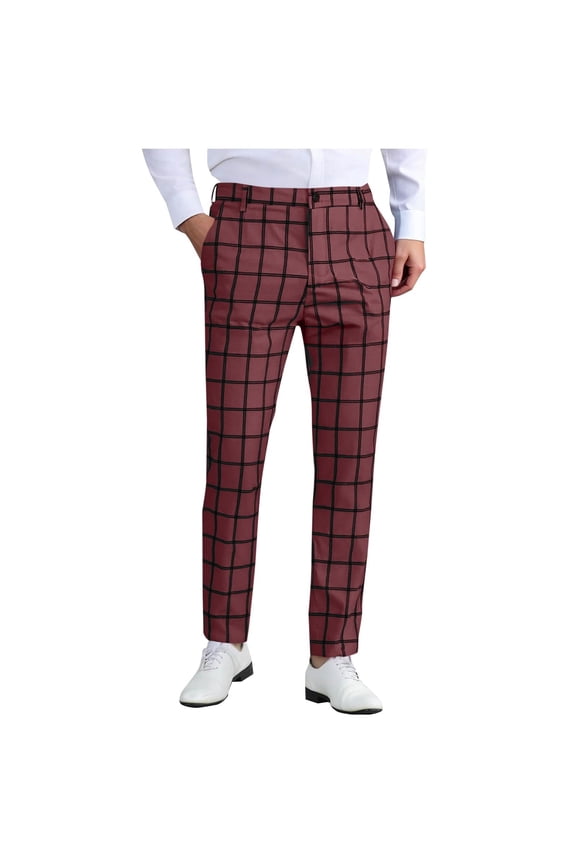 Mens Plaid Dress Pant Slim Fit Chinos Checkered Skinny Chino Pants Business Casual Wine L