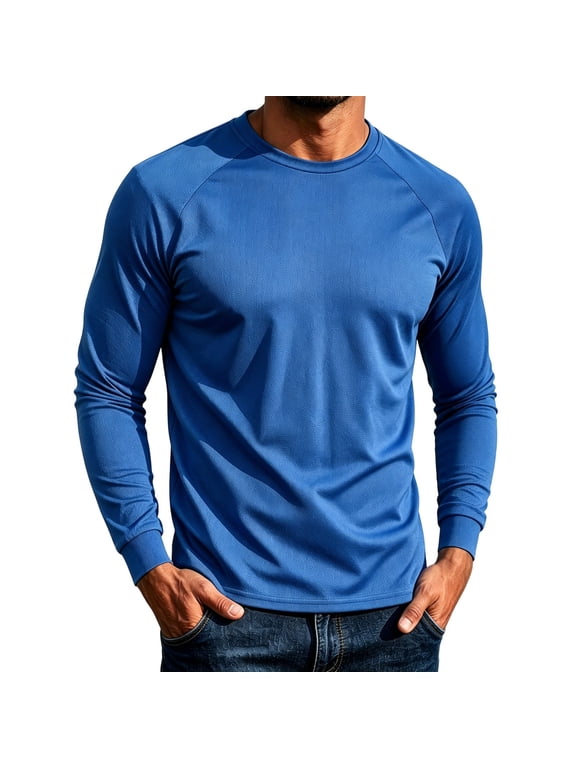 Mens Quick Dry Long Sleeve Training T Shirts Performance Mesh Breathable Ice Silk Cooling Workout Tee Tops Blue Pullover M